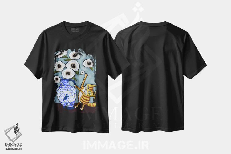 تیشرت مشکی طرح دار گربه در حال ضربه زدن به گل ها، شینوازری اثر دیویدای هینْدز | فروشگاه ایماژ