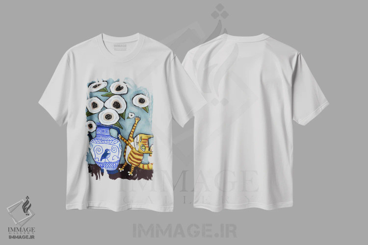 تیشرت سفید طرح دار گربه در حال ضربه زدن به گل ها، شینوازری اثر دیویدای هینْدز | immage.ir