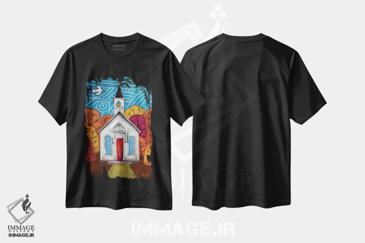 تیشرت مشکی طرح دار کلیسای رنگ های پاییزی، دکور معاصر اثر دیویدای هینْدز | فروشگاه ایماژ