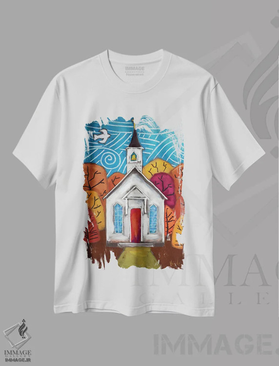 تیشرت سفید طرح دار کلیسای رنگ های پاییزی، دکور معاصر اثر دیویدای هینْدز | immage.ir