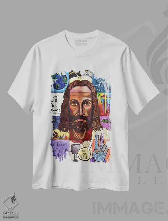 تیشرت سفید طرح دار کلاژ عیسی مسیح، تزئینی اثر دیویدای هینْدز | فروشگاه ایماژ