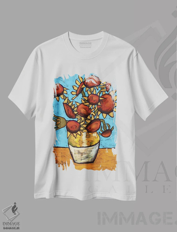 تیشرت سفید طرح دار ادای احترام به آفتابگردان های ون گوگ، تزئینی اثر دیویدای هینْدز | فروشگاه ایماژ