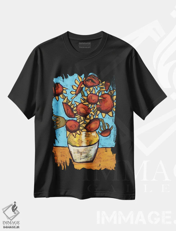 تیشرت مشکی طرح دار ادای احترام به آفتابگردان های ون گوگ، تزئینی اثر دیویدای هینْدز | immage.ir