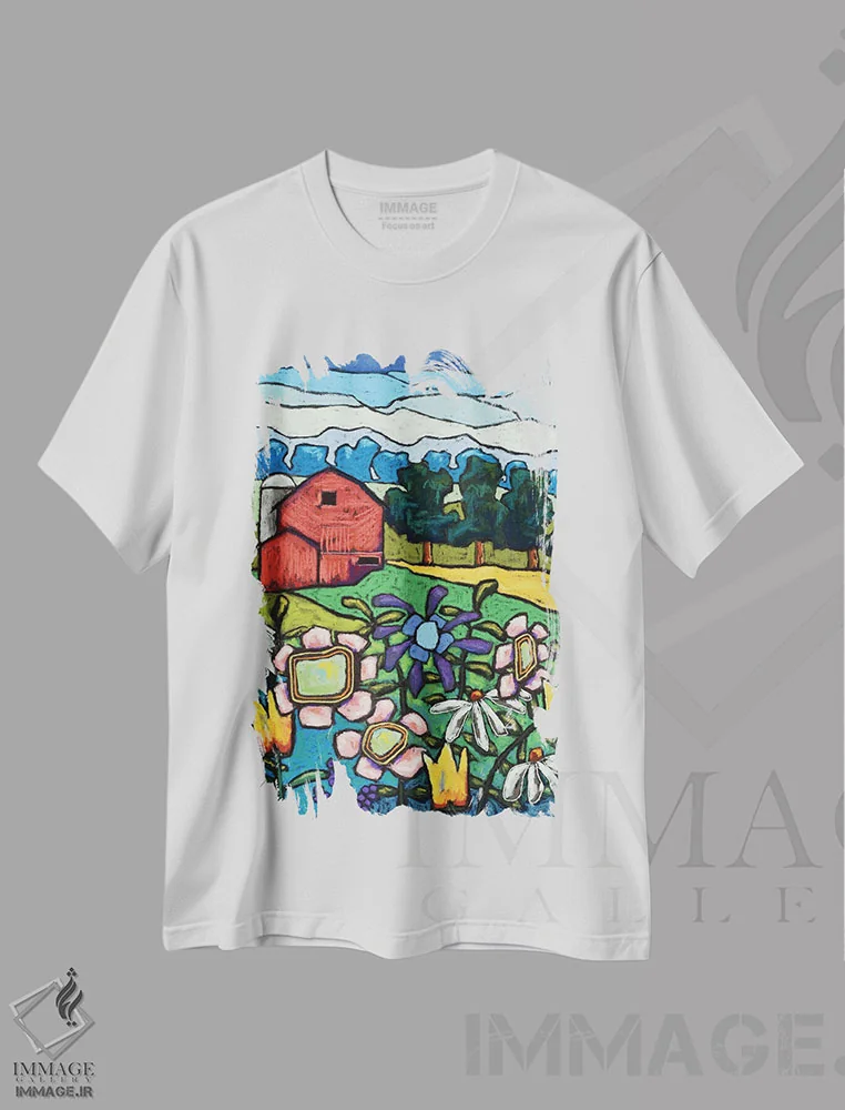 تیشرت سفید طرح دار گل ها در مزرعه، تزئینی اثر دیویدای هینْدز | فروشگاه ایماژ