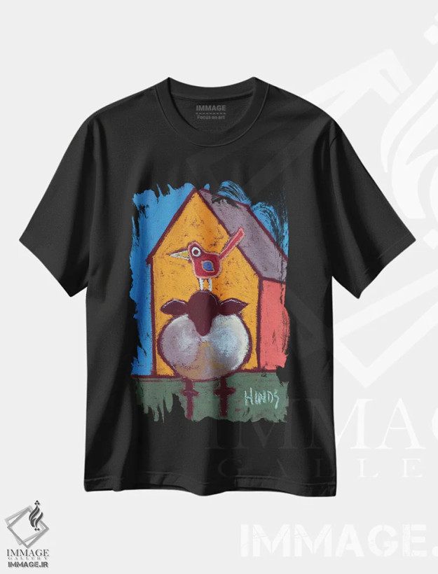 تیشرت مشکی طرح دار گوسفند و طویله انتزاعی، تزئینی اثر دیویدای هینْدز | فروشگاه ایماژ