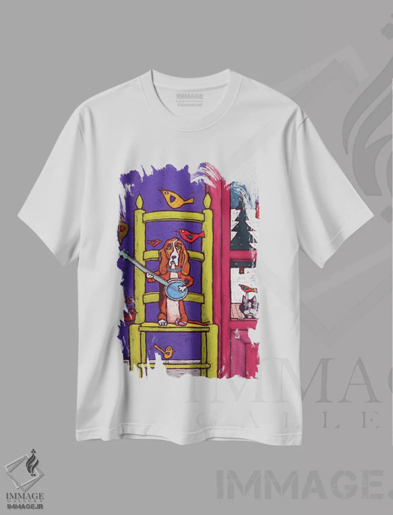 تیشرت سفید طرح دار سگ باست هوند در حال نواختن بانجو برای پرندگان، تزئینی اثر دیویدای هینْدز | فروشگاه ایماژ