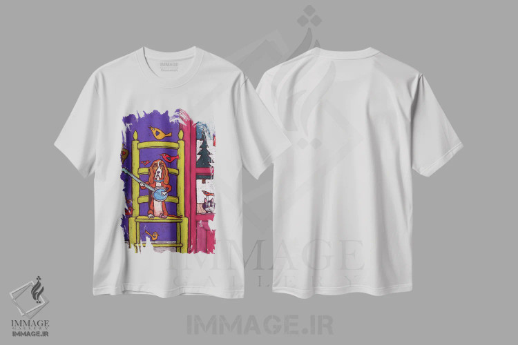 تیشرت سفید طرح دار سگ باست هوند در حال نواختن بانجو برای پرندگان، تزئینی اثر دیویدای هینْدز | فروشگاه ایماژ