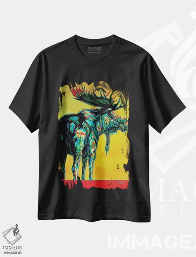 تیشرت مشکی طرح دار غروب آفتاب، دکور کلبه و لژ اثر دریک هیگینز | فروشگاه ایماژ