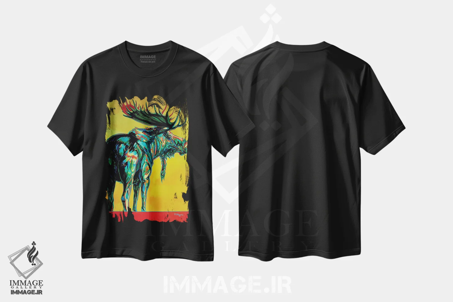تیشرت مشکی طرح دار غروب آفتاب، دکور کلبه و لژ اثر دریک هیگینز | فروشگاه ایماژ