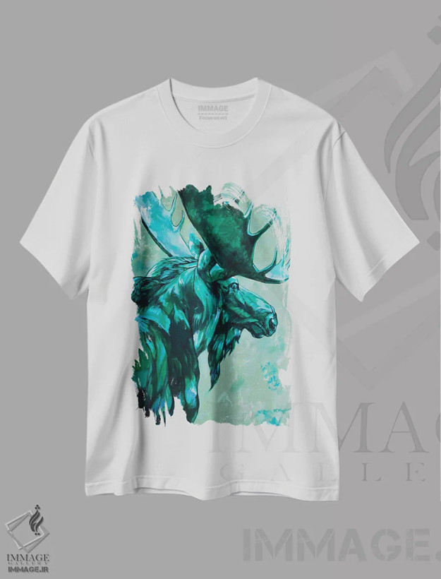 تیشرت سفید طرح دار گوزن شمالی یشمی، دکور کلبه و لژ اثر دریک هیگینز | فروشگاه ایماژ