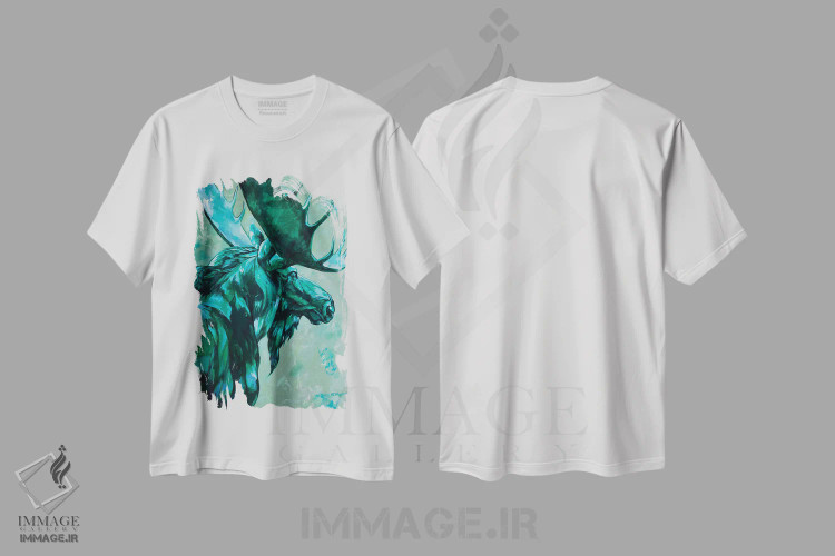 تیشرت سفید طرح دار گوزن شمالی یشمی، دکور کلبه و لژ اثر دریک هیگینز | فروشگاه ایماژ