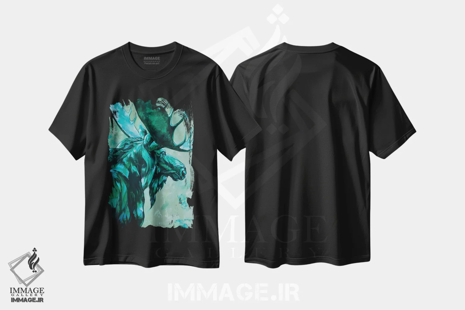 تیشرت مشکی طرح دار گوزن شمالی یشمی، دکور کلبه و لژ اثر دریک هیگینز | immage.ir
