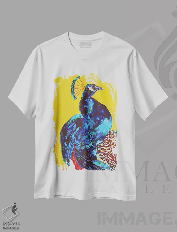 تیشرت سفید طرح دار طاووس، هنر فاخر معاصر اثر دریک هیگینز | فروشگاه ایماژ