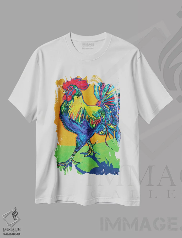 تیشرت سفید طرح دار خرامیدن خروس، هنر فاخر معاصر اثر دریک هیگینز | immage.ir