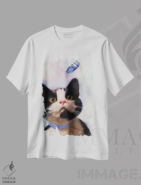 تیشرت سفید طرح دار گربه و پروانه، هنر فاخر معاصر اثر دایان هوپتنر | فروشگاه ایماژ