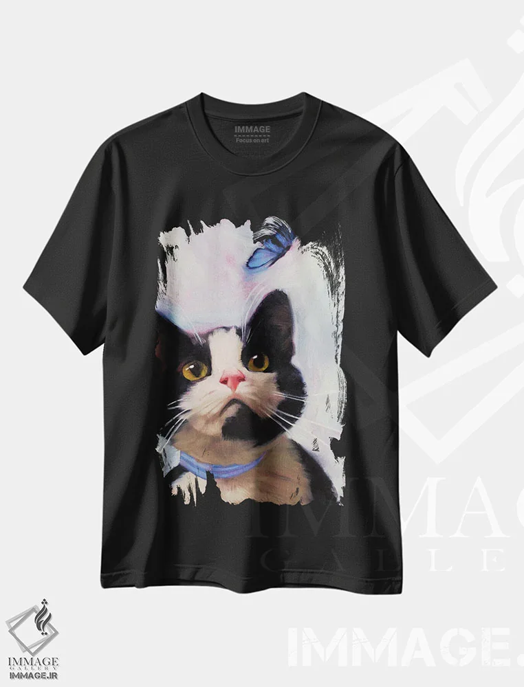 تیشرت مشکی طرح دار گربه و پروانه، هنر فاخر معاصر اثر دایان هوپتنر | immage.ir