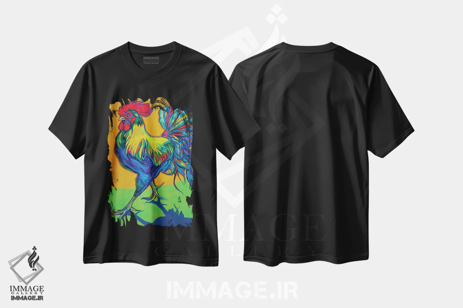 تیشرت مشکی طرح دار خرامیدن خروس، هنر فاخر معاصر اثر دریک هیگینز | فروشگاه ایماژ