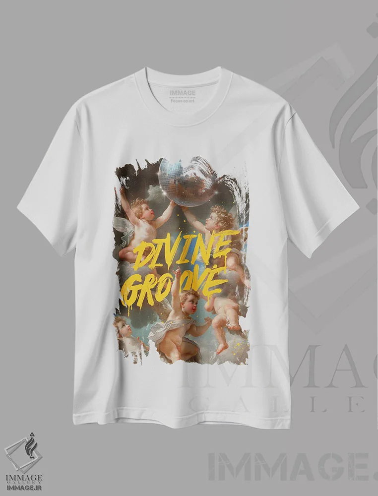 تیشرت سفید طرح دار ریتم الهی، هنر دیجیتال اثر دیکاتمی | فروشگاه ایماژ