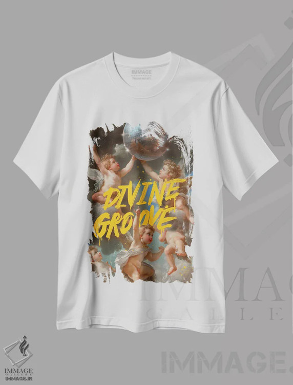تیشرت سفید طرح دار ریتم الهی، هنر دیجیتال اثر دیکاتمی | فروشگاه ایماژ
