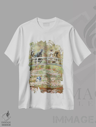 تیشرت سفید طرح دار جنگ های مونه، هنر دیجیتال اثر دیکاتمی | فروشگاه ایماژ