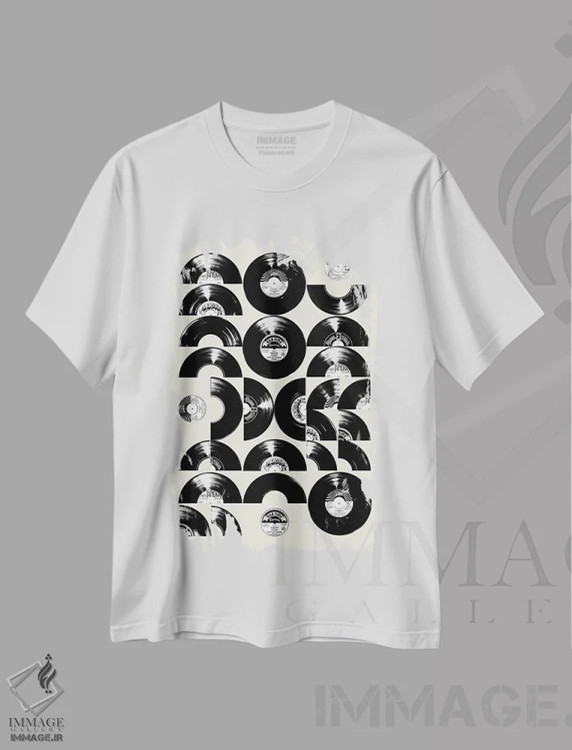 تیشرت سفید طرح دار صفحه های موسیقی اواسط قرن بیستم، هنر دیجیتال اثر دیکاتمی | فروشگاه ایماژ