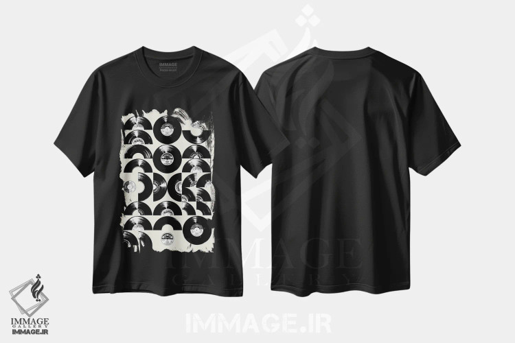 تیشرت مشکی طرح دار صفحه های موسیقی اواسط قرن بیستم، هنر دیجیتال اثر دیکاتمی | immage.ir