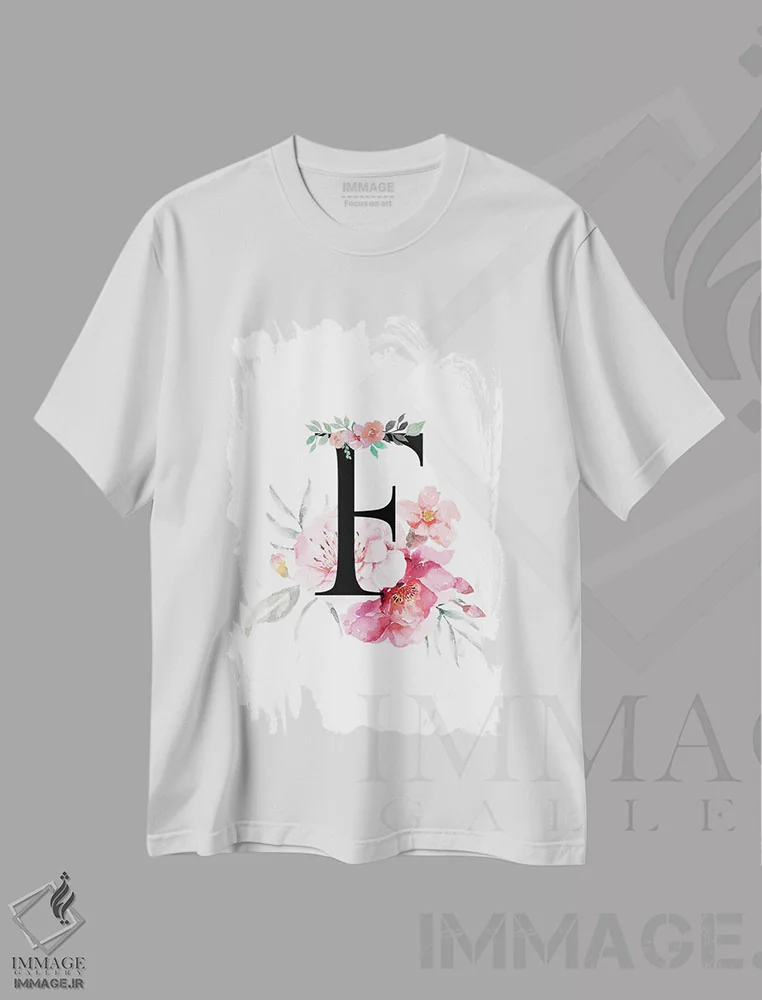 تیشرت سفید طرح دار حرف F با گل های آبرنگی، دکور معاصر اثر پیج ترنر | فروشگاه ایماژ