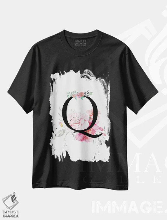 تیشرت مشکی طرح دار حرف Q با گل های آبرنگی، دکور معاصر اثر پیج ترنر | immage.ir