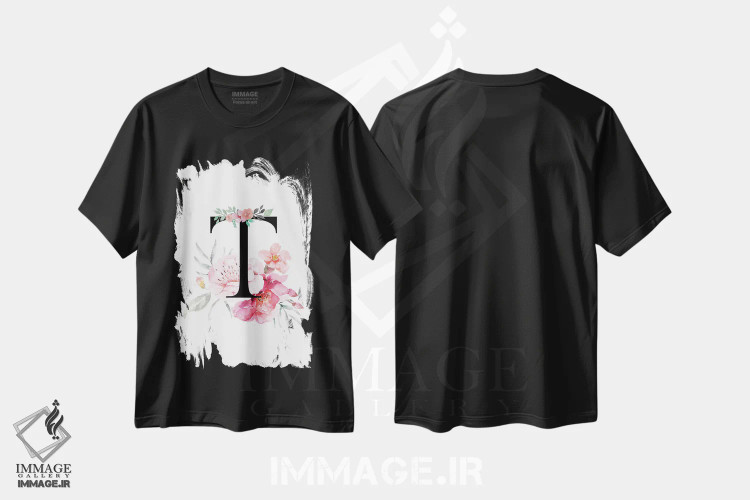 تیشرت مشکی طرح دار حرف T با گل های آبرنگی، دکور معاصر اثر پیج ترنر | فروشگاه ایماژ
