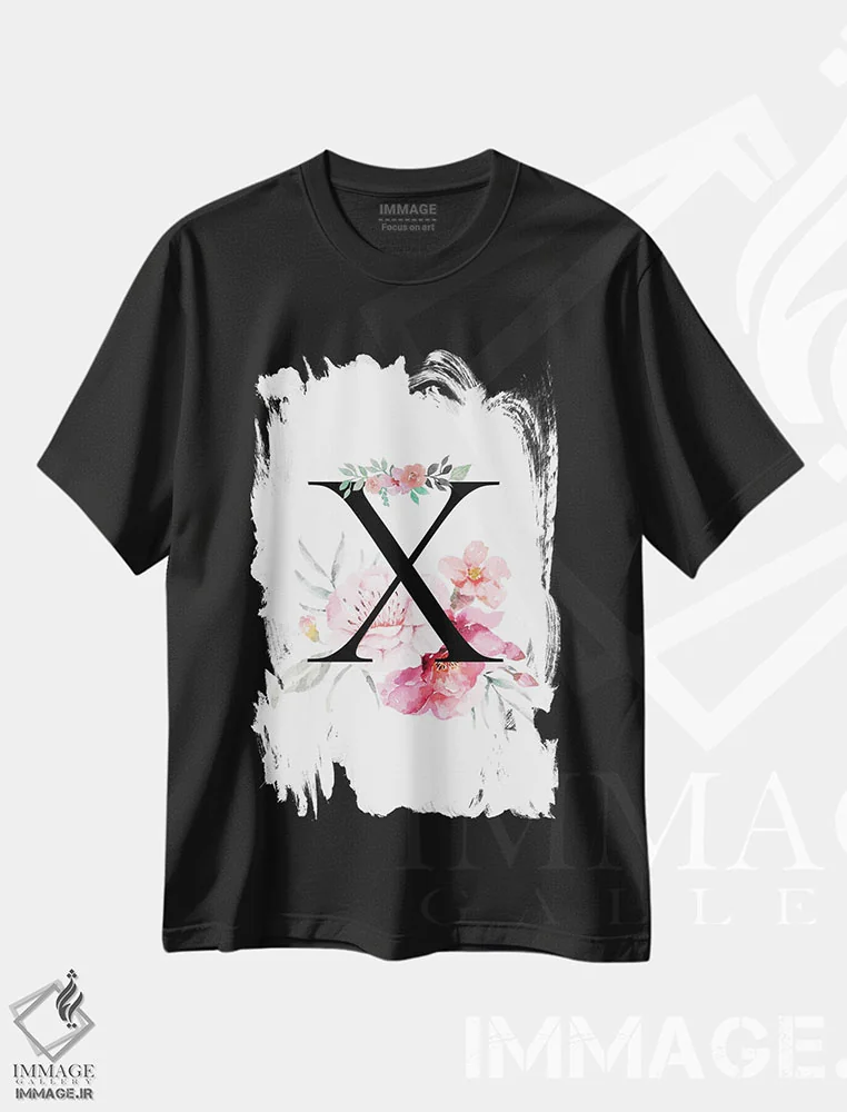تیشرت مشکی طرح دار حرف X با گل های آبرنگی، دکور معاصر اثر پیج ترنر | فروشگاه ایماژ