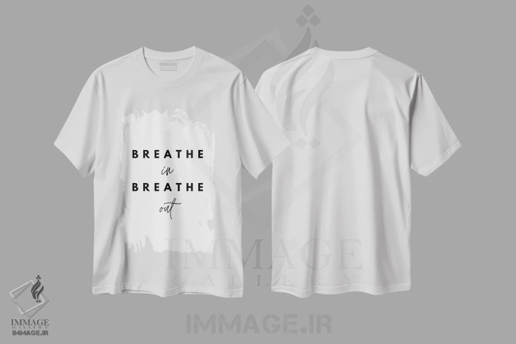 تیشرت سفید طرح دار نفس بکش، بیرون بده، تزئینی اثر پیج ترنر | immage.ir
