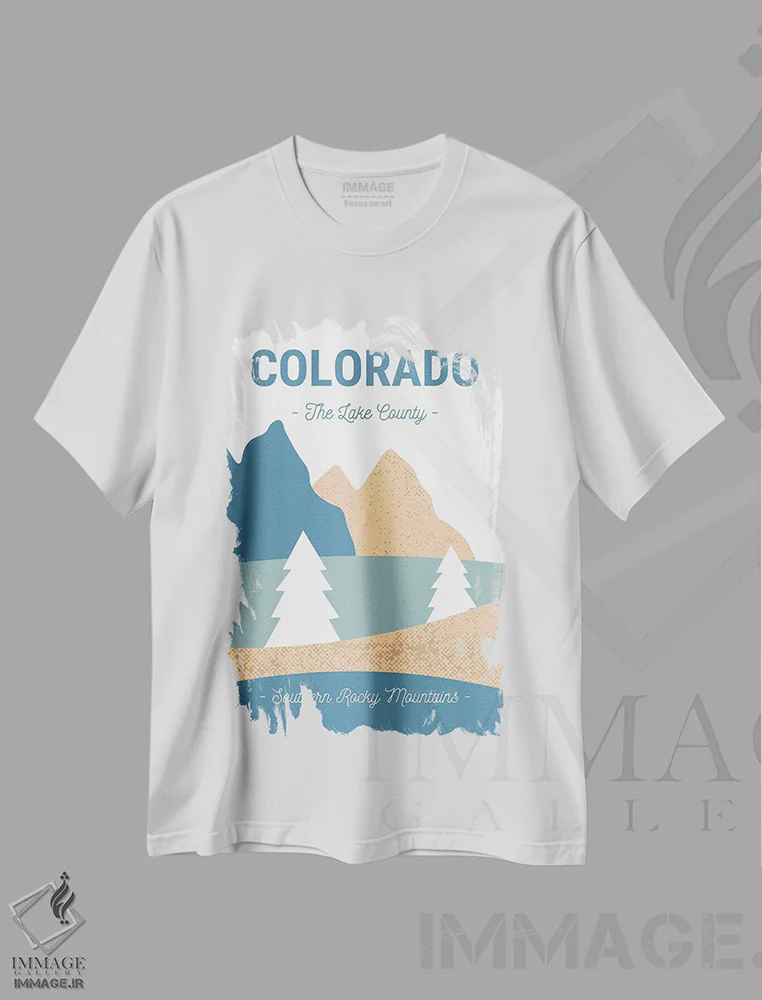 تیشرت سفید طرح دار چشم انداز انتزاعی قدیمی از کوه های راکی کلرادو، هنر دیجیتال اثر پیج ترنر | immage.ir