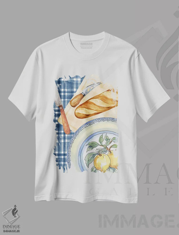 تیشرت سفید طرح دار ناهار با جزئیات لیمو در آشپزخانه روستایی، تزئینی اثر پیج ترنر | فروشگاه ایماژ