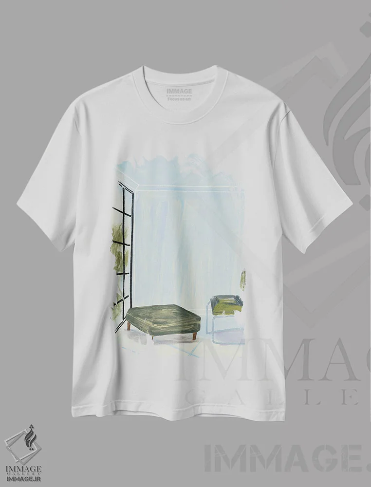 تیشرت سفید طرح دار در اتاقی با پنجره و صندلی سبز، تزئینی اثر پیج ترنر | immage.ir