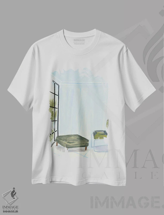 تیشرت سفید طرح دار در اتاقی با پنجره و صندلی سبز، تزئینی اثر پیج ترنر | immage.ir