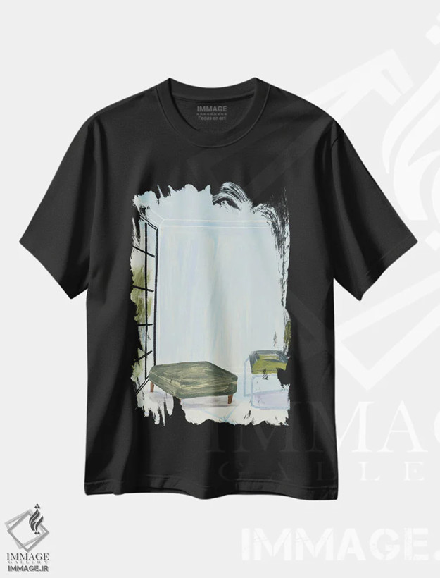 تیشرت مشکی طرح دار در اتاقی با پنجره و صندلی سبز، تزئینی اثر پیج ترنر | فروشگاه ایماژ