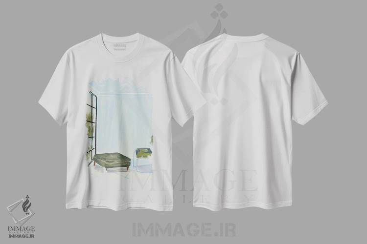 تیشرت سفید طرح دار در اتاقی با پنجره و صندلی سبز، تزئینی اثر پیج ترنر | immage.ir