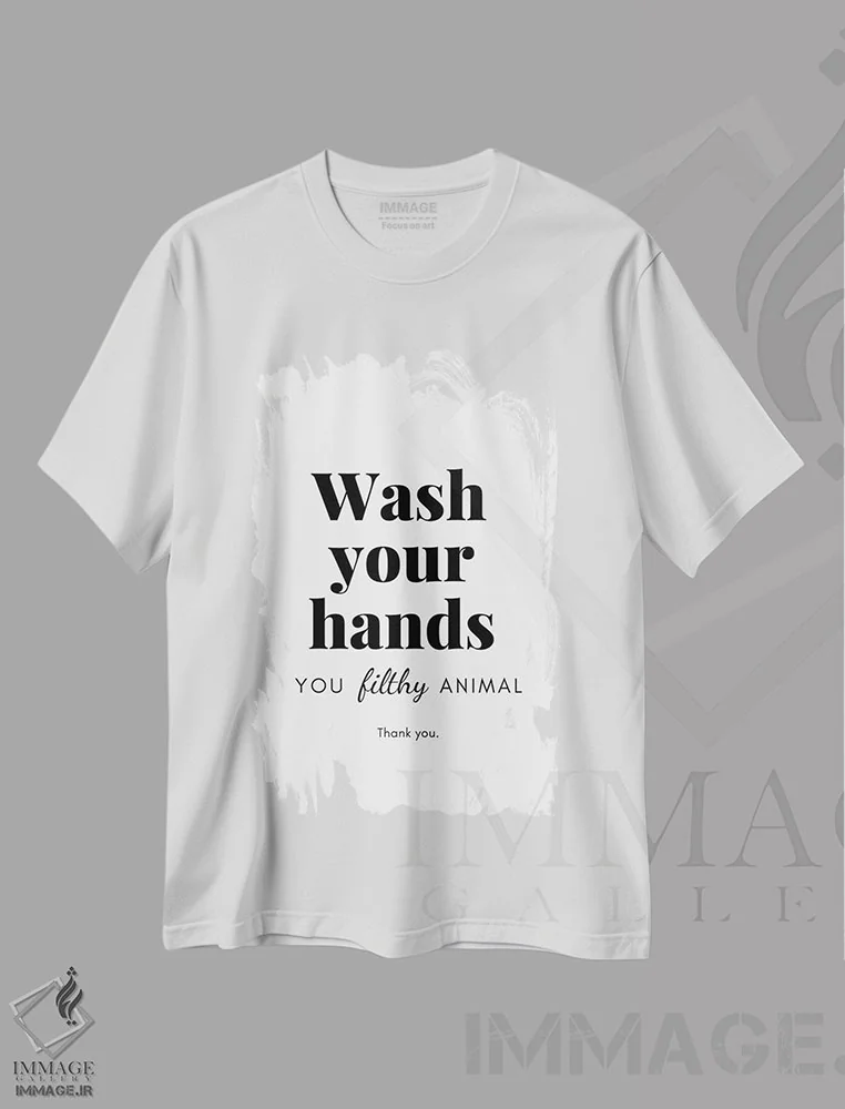 تیشرت سفید طرح دار دست هایت را بشوی حیوان کثیف، هنر دیجیتال سیاه و سفید اثر پیج ترنر | فروشگاه ایماژ