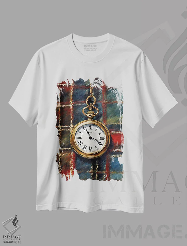 تیشرت سفید طرح دار ساعت جیبی اسکاتلندی، تزئینی اثر پیج ترنر | فروشگاه ایماژ