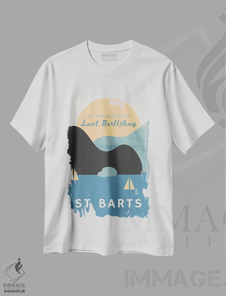 تیشرت سفید طرح دار غروب دریایی سن بارت و قایق های تفریحی، تزئینی اثر پیج ترنر | فروشگاه ایماژ