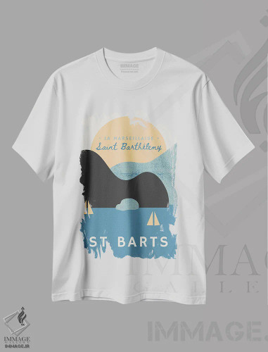 تیشرت سفید طرح دار غروب دریایی سن بارت و قایق های تفریحی، تزئینی اثر پیج ترنر | فروشگاه ایماژ