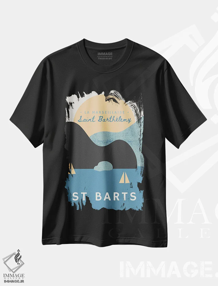تیشرت مشکی طرح دار غروب دریایی سن بارت و قایق های تفریحی، تزئینی اثر پیج ترنر | immage.ir