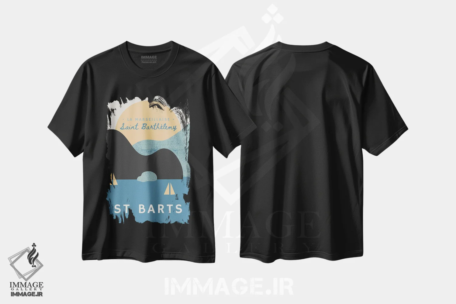 تیشرت مشکی طرح دار غروب دریایی سن بارت و قایق های تفریحی، تزئینی اثر پیج ترنر | immage.ir