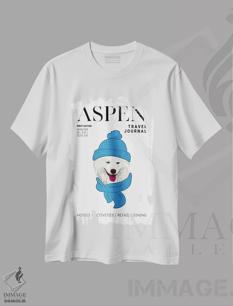 تیشرت سفید طرح دار جلد مجله سفر اسپن با سگ زمستانی با شال گردن، هنر دیجیتال اثر پیج ترنر | فروشگاه ایماژ