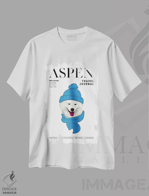 تیشرت سفید طرح دار جلد مجله سفر اسپن با سگ زمستانی با شال گردن، هنر دیجیتال اثر پیج ترنر | فروشگاه ایماژ
