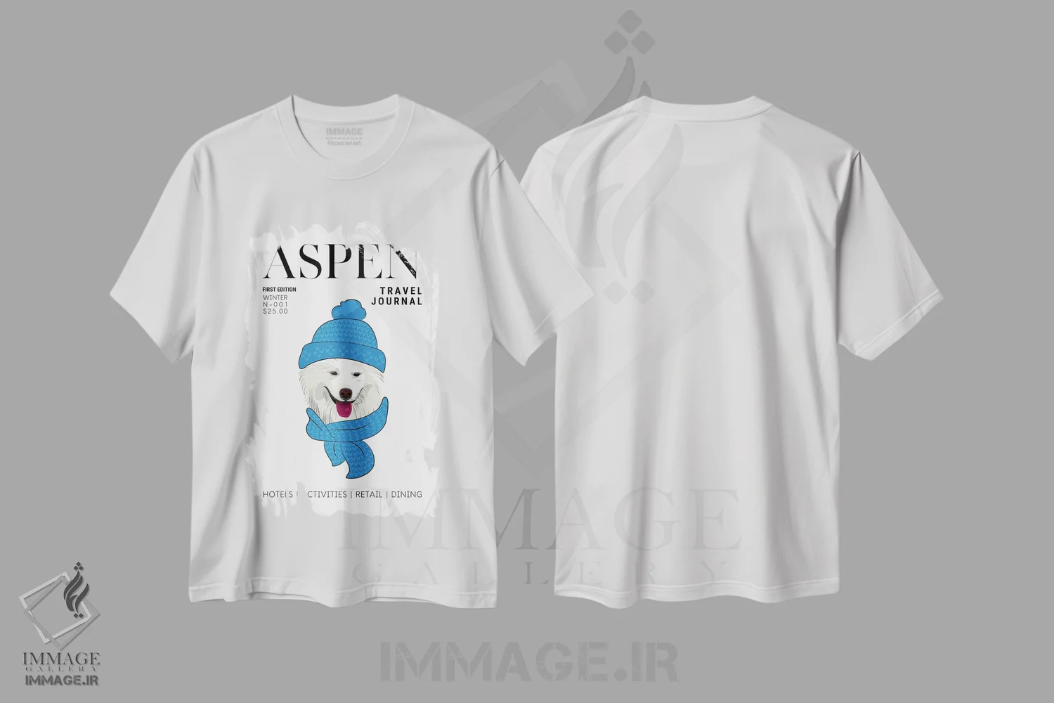 تیشرت سفید طرح دار جلد مجله سفر اسپن با سگ زمستانی با شال گردن، هنر دیجیتال اثر پیج ترنر | فروشگاه ایماژ