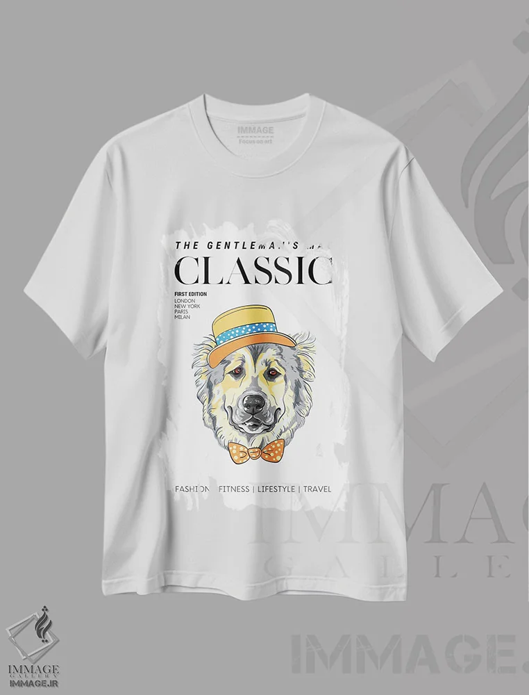 تیشرت سفید طرح دار جلد مجله مردان اصیل با سگ شیک پوش با کلاه و پاپیون، هنر دیجیتال اثر پیج ترنر | immage.ir