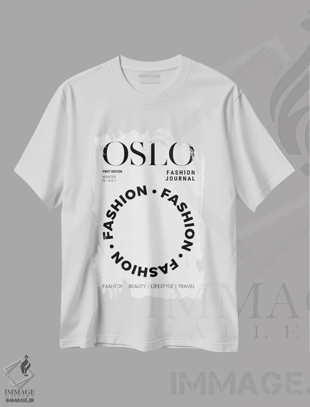 تیشرت سفید طرح دار جلد مجله مد اسلو به صورت سیاه و سفید، هنر دیجیتال سیاه و سفید اثر پیج ترنر | فروشگاه ایماژ