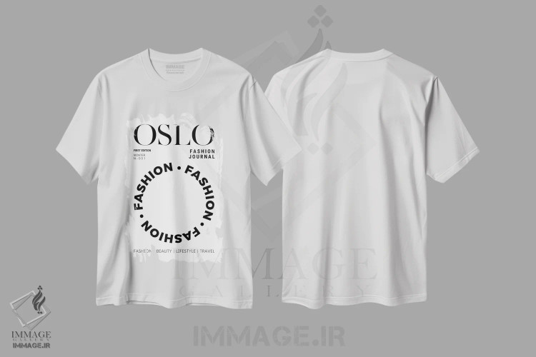 تیشرت سفید طرح دار جلد مجله مد اسلو به صورت سیاه و سفید، هنر دیجیتال سیاه و سفید اثر پیج ترنر | فروشگاه ایماژ