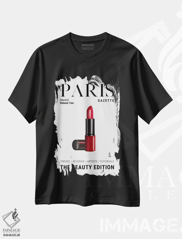 تیشرت مشکی طرح دار جلد مجله زیبایی پاریس گازت با رژ لب قرمز کلاسیک، هنر دیجیتال اثر پیج ترنر | immage.ir